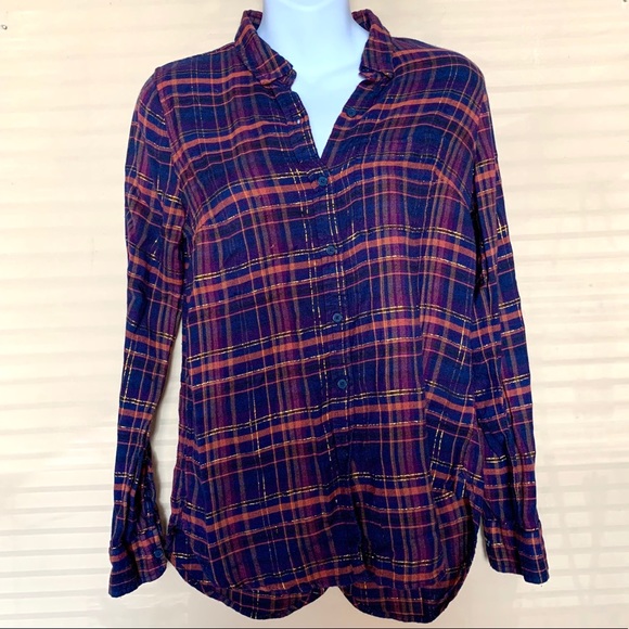 Lucky Brand button up shimmery plaid top - Picture 1 of 8